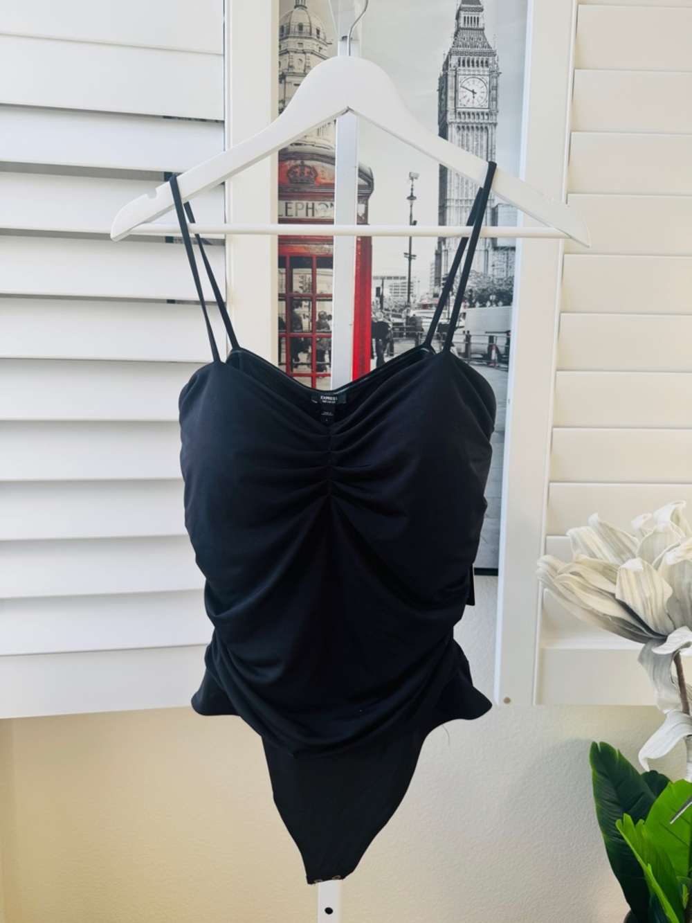 Express Black Ruched Spaghetti Strap Bodysuit
